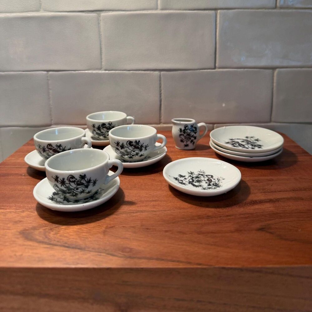 Vintage Japanese Doll Tea Set 13pc Black Birds Pine Needles Child Toy Incomplete